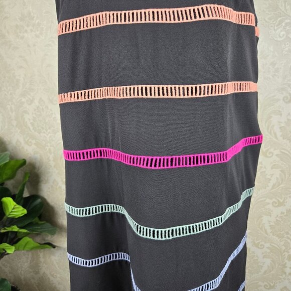 Entro Size Medium Black Swing Dress Multiple Colored Stripes Halter Neck Slvless - Picture 3 of 11